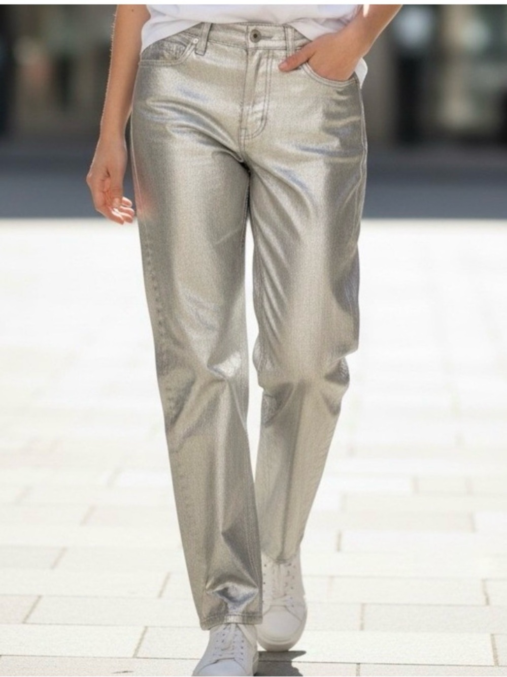 White gold Metallic Straight-Leg Pants jeans stretchy